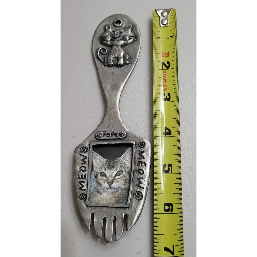 Vintage 1997 Cat Fork Metal Picture Frame Silver Pewter Meow Whimsical 6.5